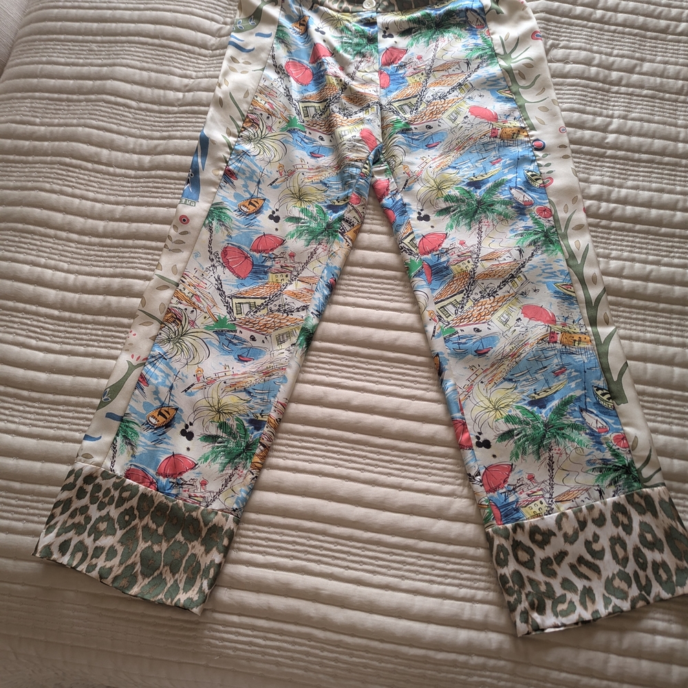 Blue and Red Silk Pants with Leopard Print Cuffs